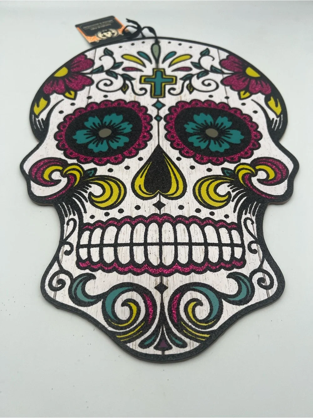 Day of the Dead Sugar Skull Wall Plaque — White, Pink & Teal